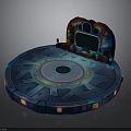 Futuristic Circular Stage Platform With Illuminated Edge Central Hole Decorative Patterns And Colorful Screen