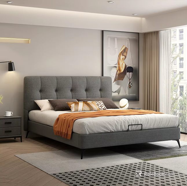 Modern Double Bed With Grey Upholstered Headboard White Sheets And Orange Throw 3d model
