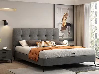 Modern Double Bed With Grey Upholstered Headboard White Sheets And Orange Throw 3d model