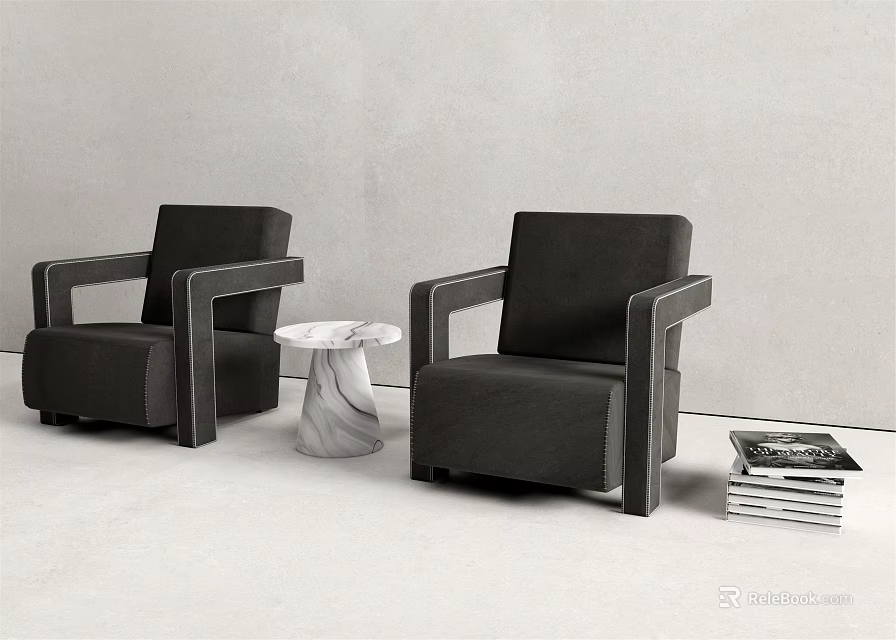 Modern Black Leisure Sofa Set with Two Armchairs and Round Side Table 3d model 
