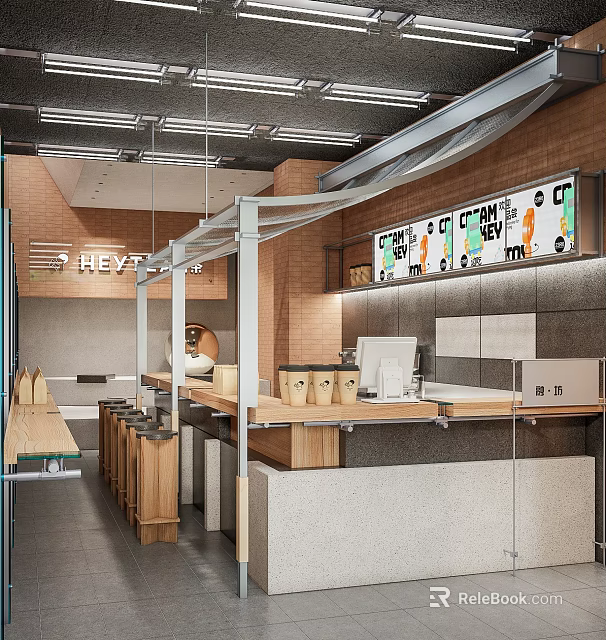 Modern Milk Tea Shop Interior With Wooden Counter Menu Screen And Brick Wall 3d model 