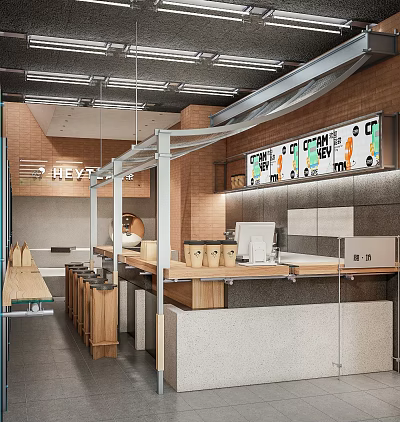 Modern Milk Tea Shop Interior With Wooden Counter Menu Screen And Brick Wall 3d model