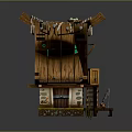 Wooden Waterfront Hut With Green Fish Sign Wooden Roof And Ropes On Platform