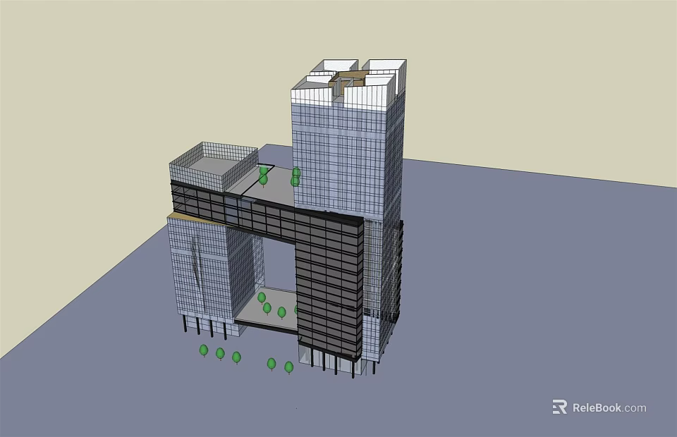 Modern High Rise Office Building With Glass Facade And Ground Greenery 3d model 