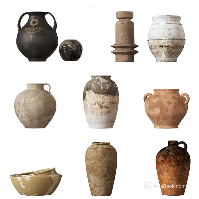 Handcrafted Ceramic Vessels in Various Shapes with Textured Earth Tones Surfaces 3d model 