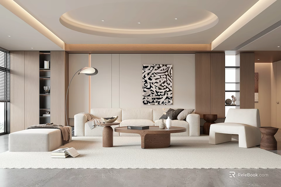 Modern Living Room Design With Beige Sofa Round Coffee Table And Black White Decorative Painting 3d model 