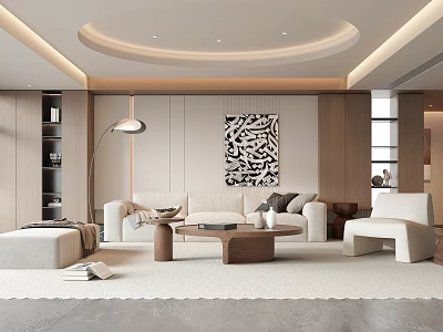Modern Living Room Design With Beige Sofa Round Coffee Table And Black White Decorative Painting 3d model