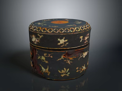 Black Round Decorative Storage Box With Gold Floral Patterns And Traditional Design 3d model
