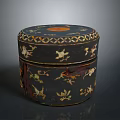 Black Round Decorative Storage Box With Gold Floral Patterns And Traditional Design