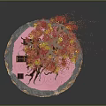 Traditional Architectural Structure In Bonsai Style With Red Orange Trees Round Base And Falling Leaves