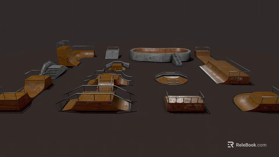 Skate Park Elements Featuring Ramps Rails Steps And Various Structures 3d model