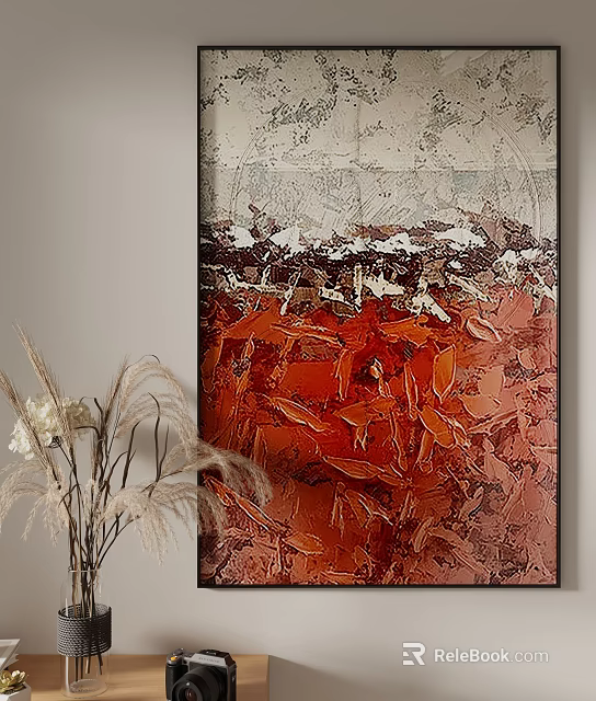 Abstract Painting Red Orange With White Gray Textures And Dried Flower Decoration Hanging On Wall 3d model 