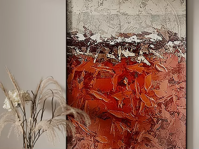 Abstract Painting Red Orange With White Gray Textures And Dried Flower Decoration Hanging On Wall 3d model