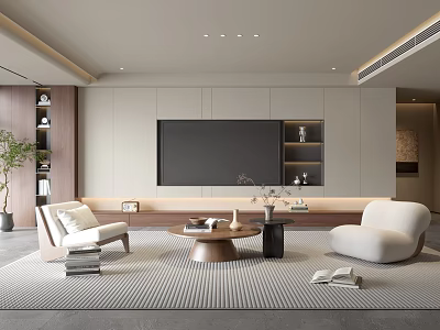 Modern Living Room Interior With Large Screen TV Coffee Table Light Colored Sofas And Striped Rug 3d model
