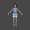 Woman With Short Curly Black Hair Wearing Blue And Yellow Striped Top Against Gray Background