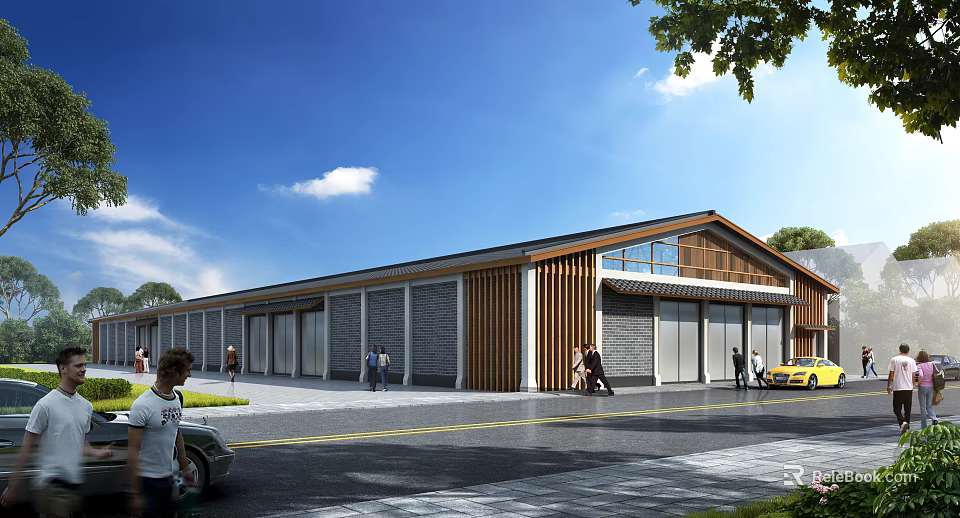 Modern Industrial Factory Building Exterior With Wooden Gray Facade Garage Doors And People Vehicles 3d model 