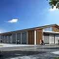 Modern Industrial Factory Building Exterior With Wooden Gray Facade Garage Doors And People Vehicles