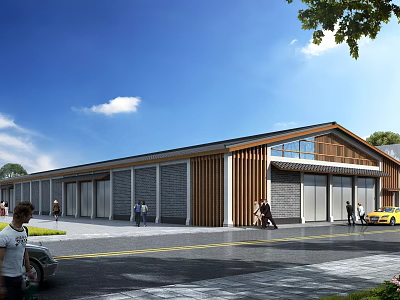 Modern Industrial Factory Building Exterior With Wooden Gray Facade Garage Doors And People Vehicles 3d model