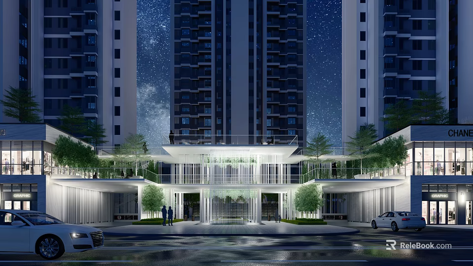 Modern High Rise Building Entrance Gate At Night With Lighting Green Plants And Cars 3d model 