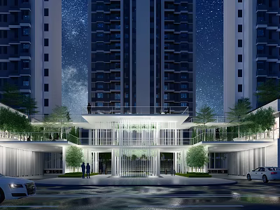 Modern High Rise Building Entrance Gate At Night With Lighting Green Plants And Cars 3d model