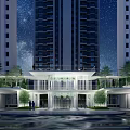 Modern High Rise Building Entrance Gate At Night With Lighting Green Plants And Cars