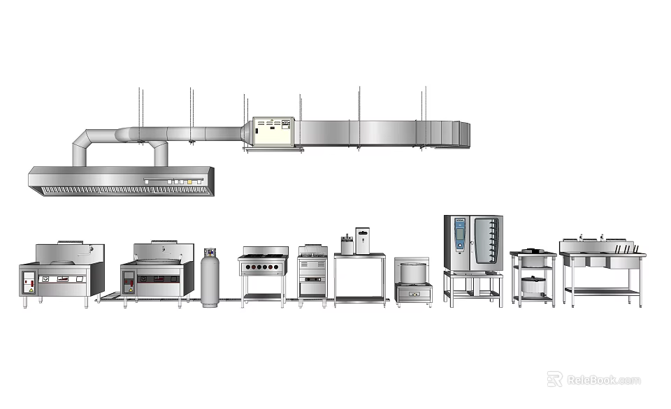 Commercial Kitchen Appliances With Range Hood Oven Refrigerator And Worktables 3d model 