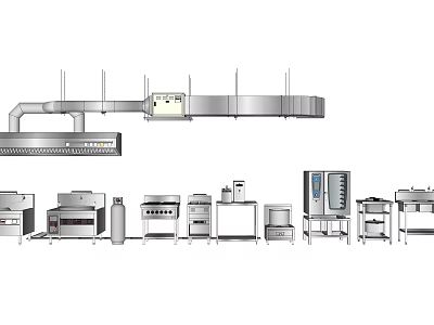 Commercial Kitchen Appliances With Range Hood Oven Refrigerator And Worktables 3d model