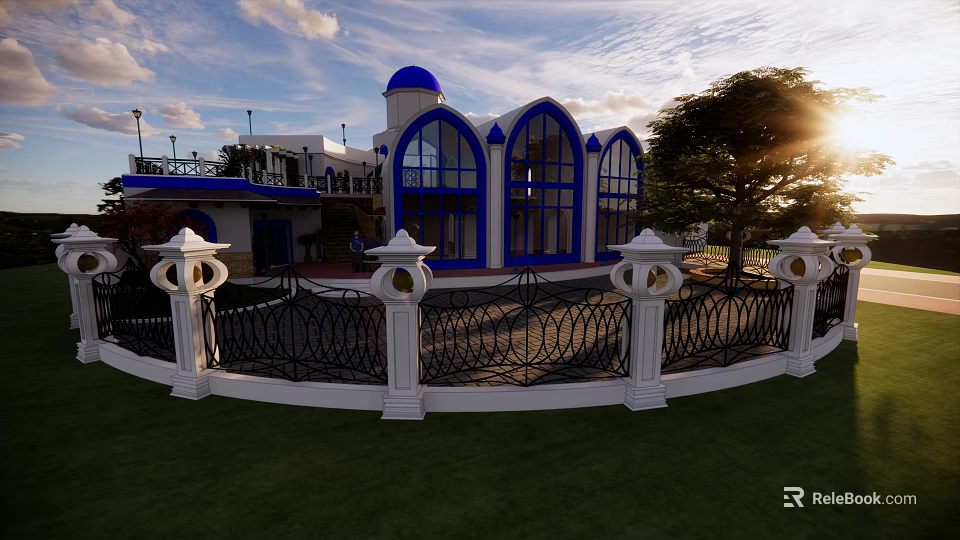 Detached Villa With Blue Dome Arched Windows White Fence Green Lawn And Sunlight 3d model 