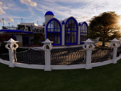 Detached Villa With Blue Dome Arched Windows White Fence Green Lawn And Sunlight 3d model