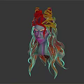 Mythical Fantasy Character With Horned Head Green Skin Red Orange Hair And Leaf Decorations
