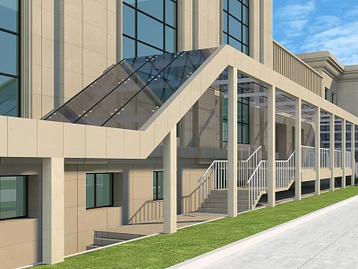Elevator Corridor With Glass Roof Light Stone Building Large Windows Staircase And Lawn 3d model