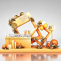 Golden Photo Check In Spot With Welcome Home Sign Gift Box Balloons And Decorative Flowers