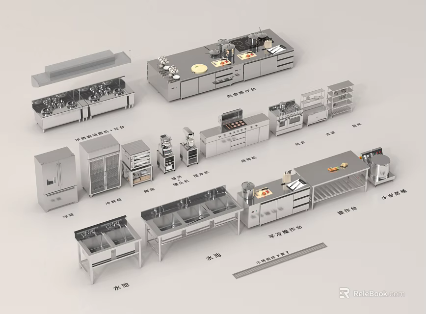 Commercial Kitchen Layout With Cooking Stations Workstations Refrigeration Units Storage Cabinets And Sinks 3d model 