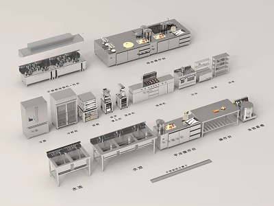 Commercial Kitchen Layout With Cooking Stations Workstations Refrigeration Units Storage Cabinets And Sinks 3d model