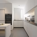 Modern Minimalist Kitchen Interior With White Cabinets Black Oven Countertops And Window Blinds
