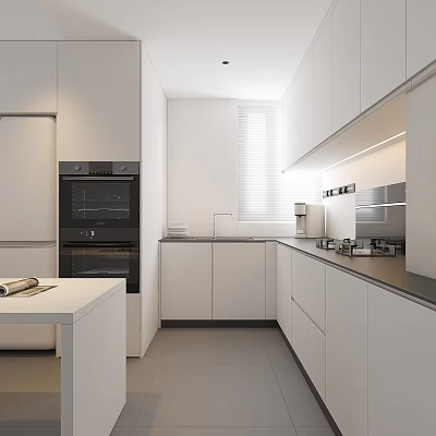 Modern Minimalist Kitchen Interior With White Cabinets Black Oven Countertops And Window Blinds 3d model