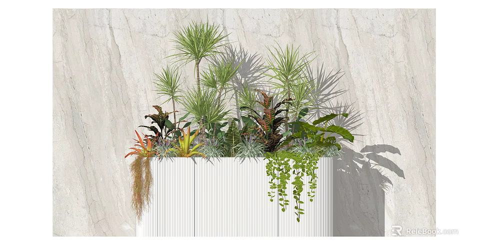 White Ribbed Flower Planter with Various Green Red Foliage Plants Against Light Stone Wall 3d model 