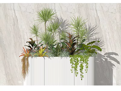 White Ribbed Flower Planter with Various Green Red Foliage Plants Against Light Stone Wall 3d model