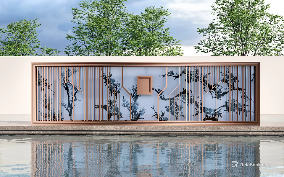 Landscape Feature Wall With Intricate Patterns Wooden Frame And Water Reflection 3d model