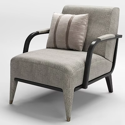 Gray Upholstered Leisure Chair With Black Wooden Armrests And Striped Cushion 3d model