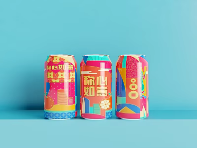 Colorful Beverage Cans With Geometric Patterns And Bright Colors On Blue Background 3d model