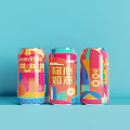 Colorful Beverage Cans With Geometric Patterns And Bright Colors On Blue Background