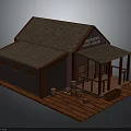 Sheriff's Office Building Featuring Gray Shingle Roof Brown Walls Red Brick Porch And Wooden Barrels