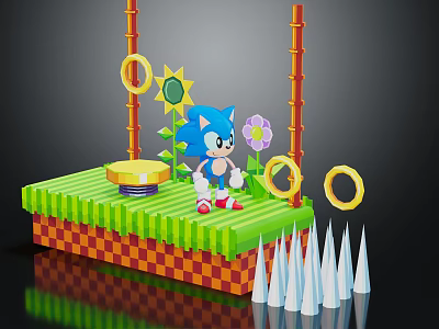 3D Game Scene Setup With Green Platform Blue Character Yellow Rings Sunflower And Spikes 3d model