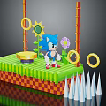 3D Game Scene Setup With Green Platform Blue Character Yellow Rings Sunflower And Spikes
