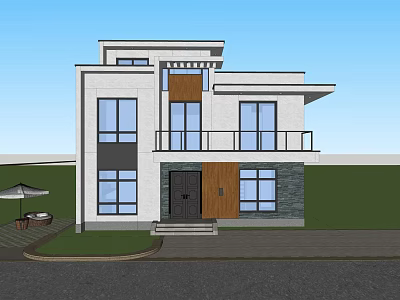 Modern Two Story Single Family House With Large Glass Windows And Front Lawn 3d model