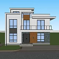 Modern Two Story Single Family House With Large Glass Windows And Front Lawn