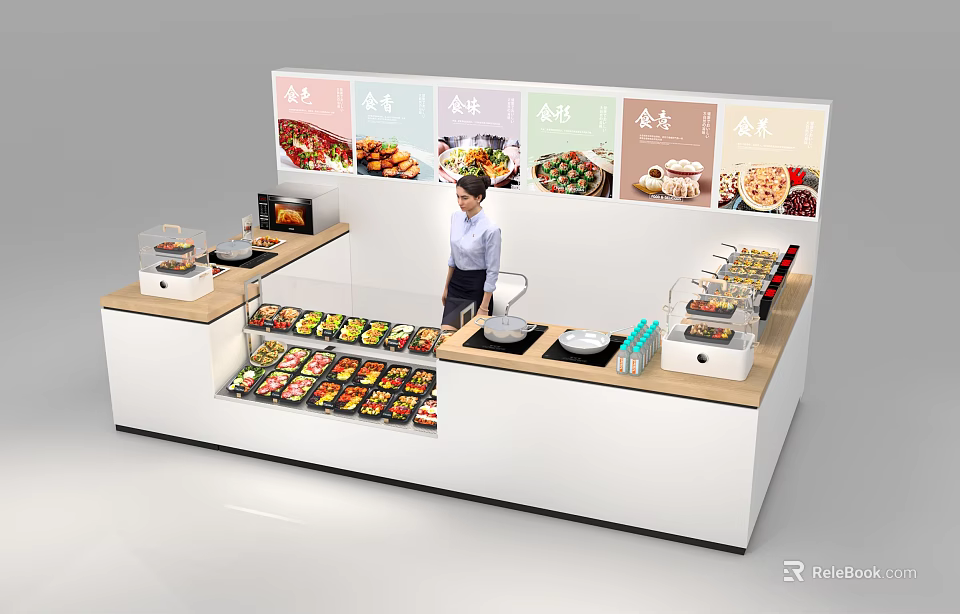 Modern Restaurant Counter With Food Display Cabinets And Fresh Food Items 3d model 