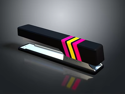 Black Stapler With Pink Yellow And Black Stripes On Reflective Surface 3d model