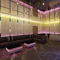 Modern KTV Lounge Interior With Luxury Sofas Coffee Tables TV Screen And Lighting Decorations